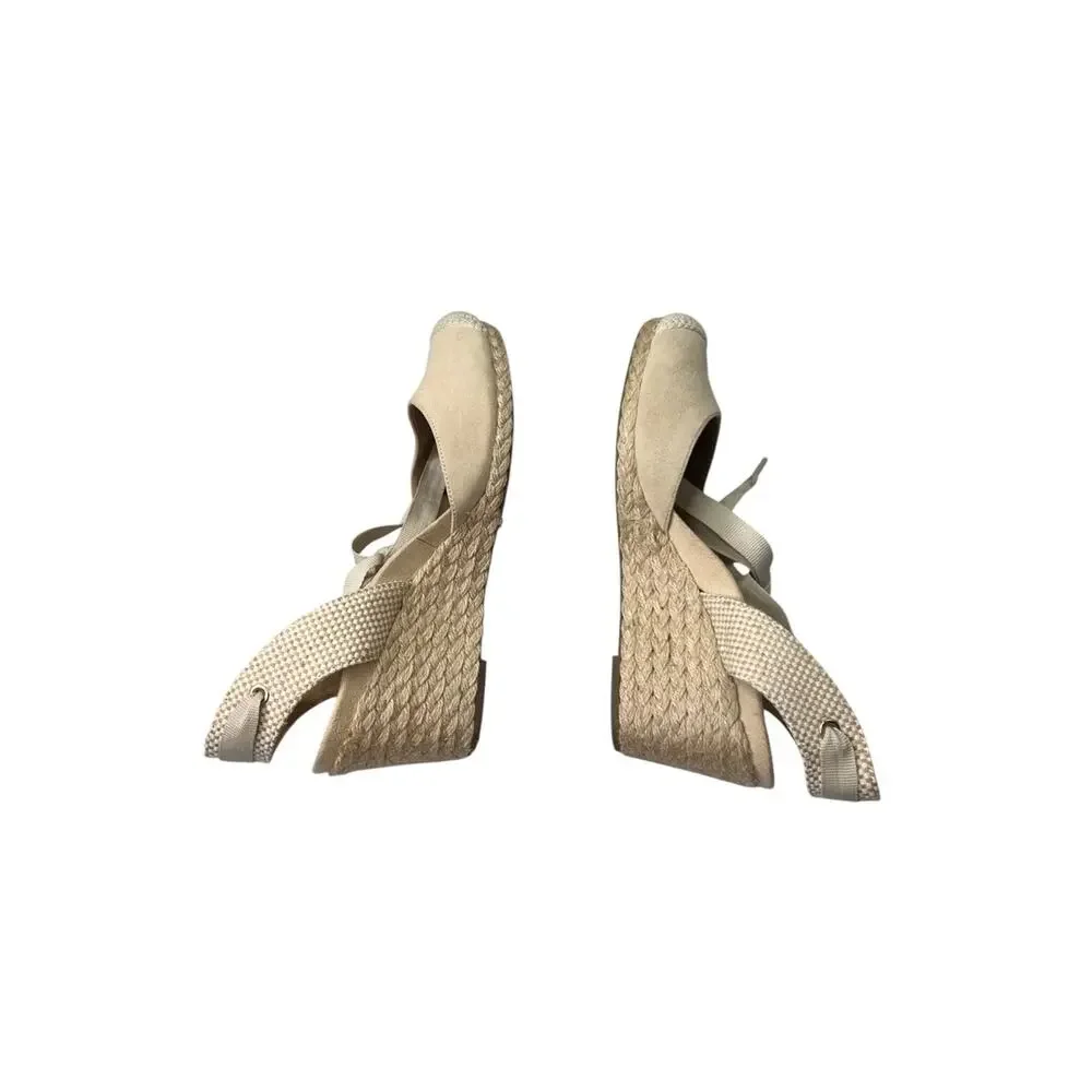 Vionic Espadrille Wedges 8.5 Womens Maris Cream Suede Closed Toe Ankle Wrap Boho